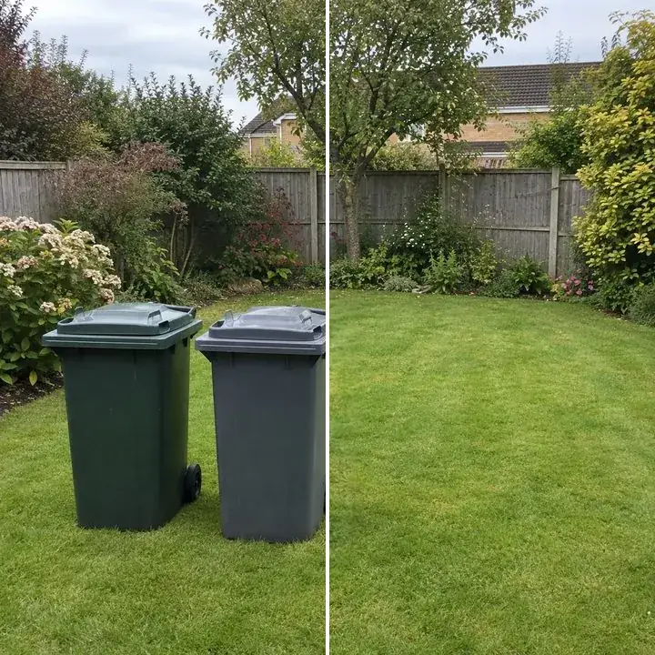 Bins on a lawn, then the same lawn without them