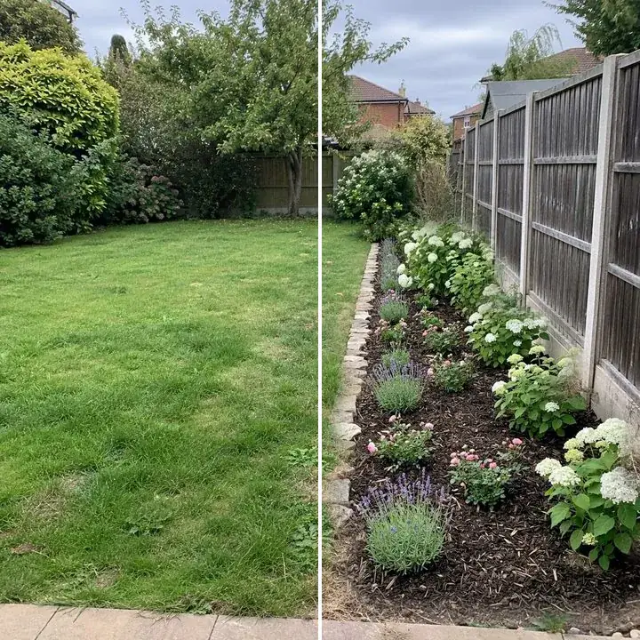 A bare strip by a fence, then a flower border in it